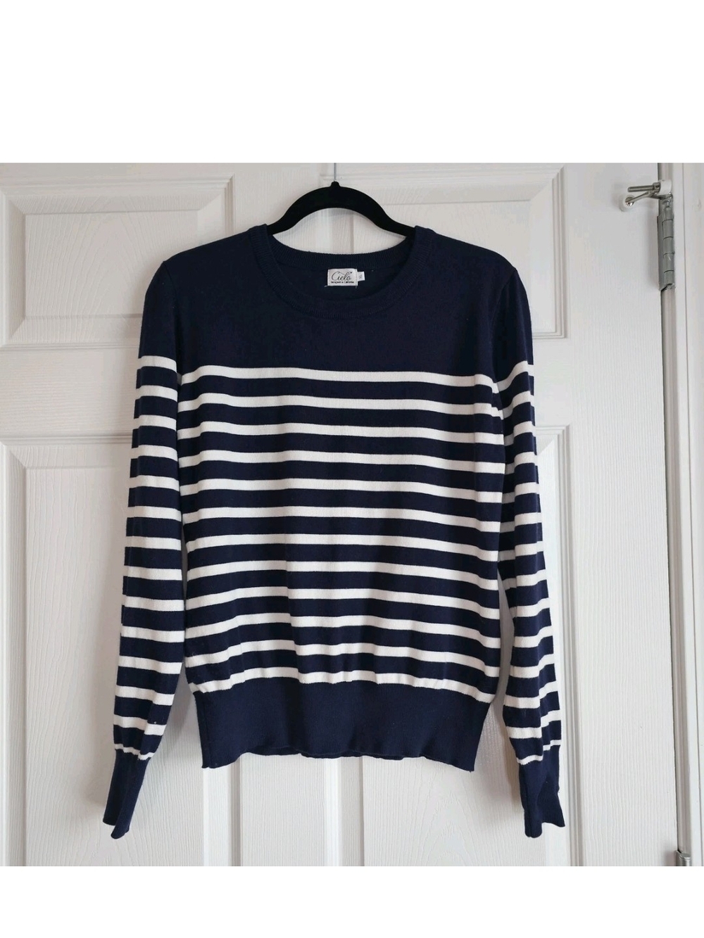 Cielo Navy Blue White Striped Sweater Womens XL Old Money Quiet Luxury Classic